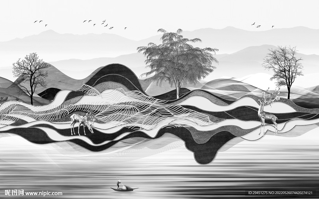 新中式灰色背景山水 tif分层