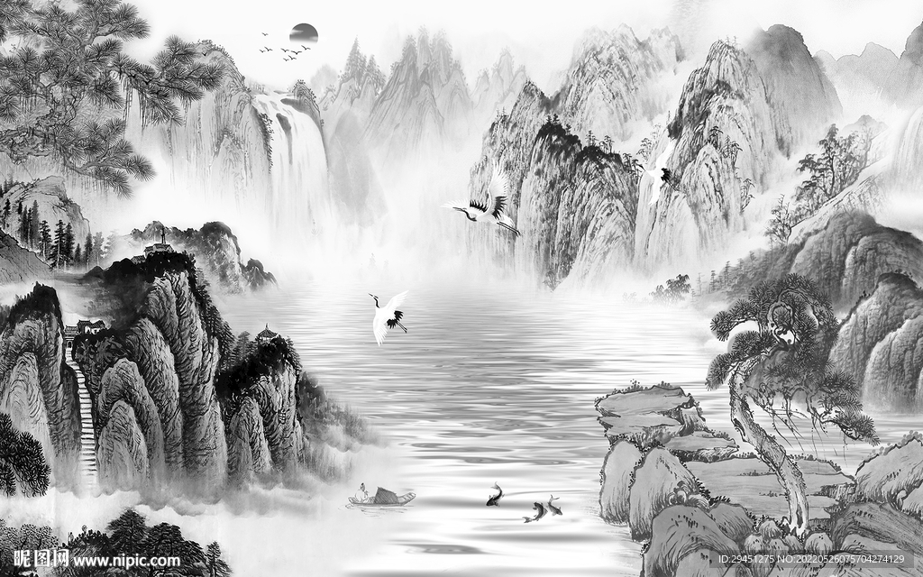 国画 极简灰色墙画 tif分层