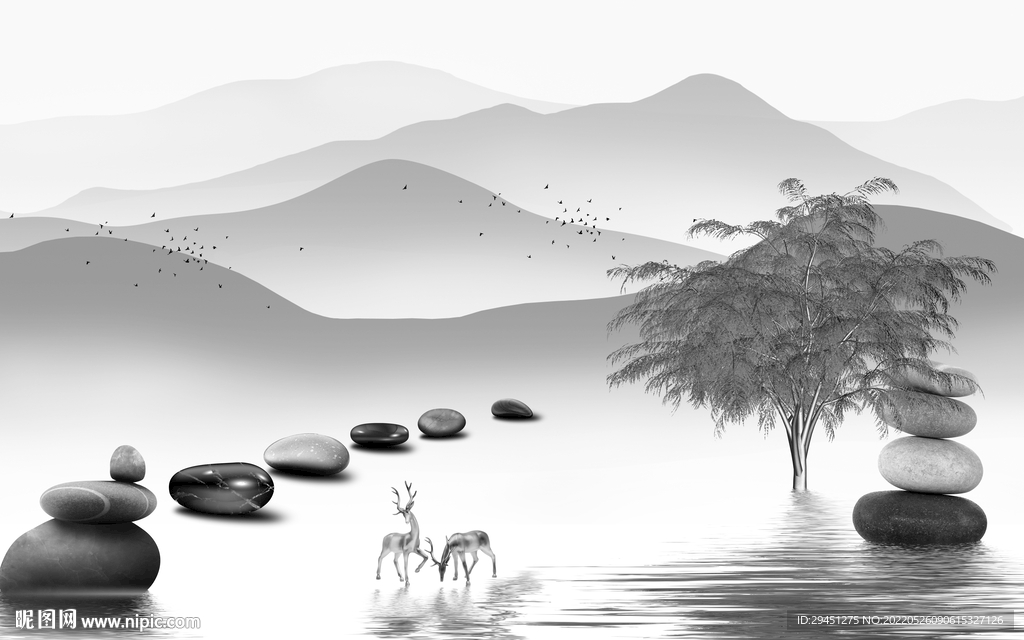 水墨高端灰色山水 tif分层