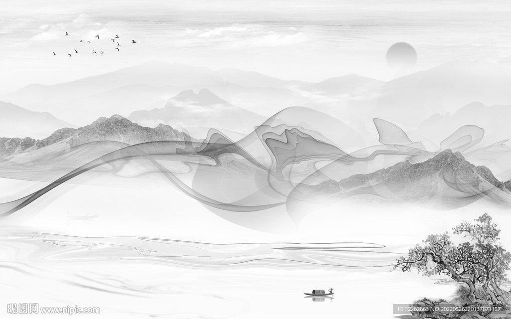 简约中式灰色山水 Tif分层