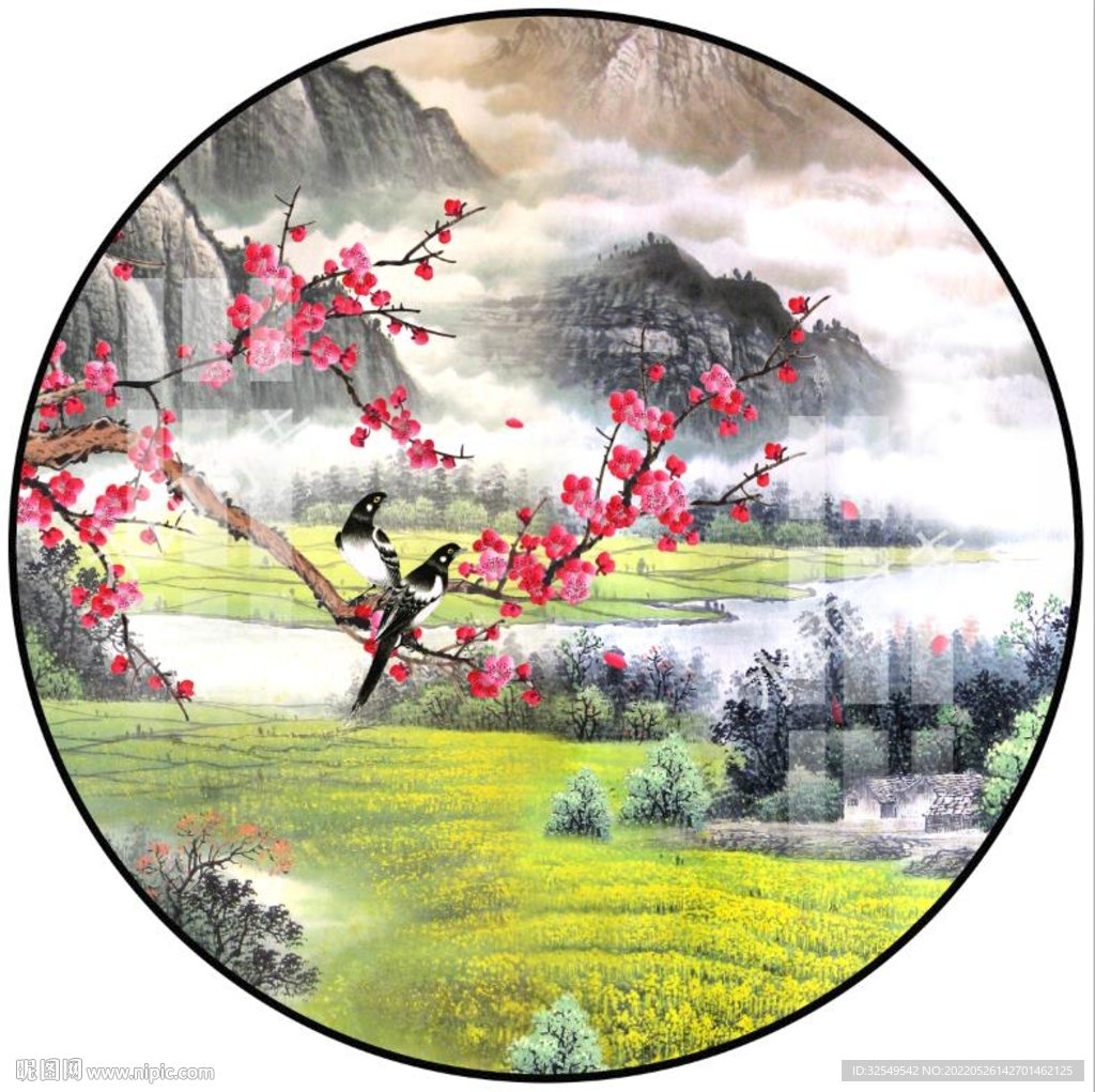 新中式水墨圆形山水画