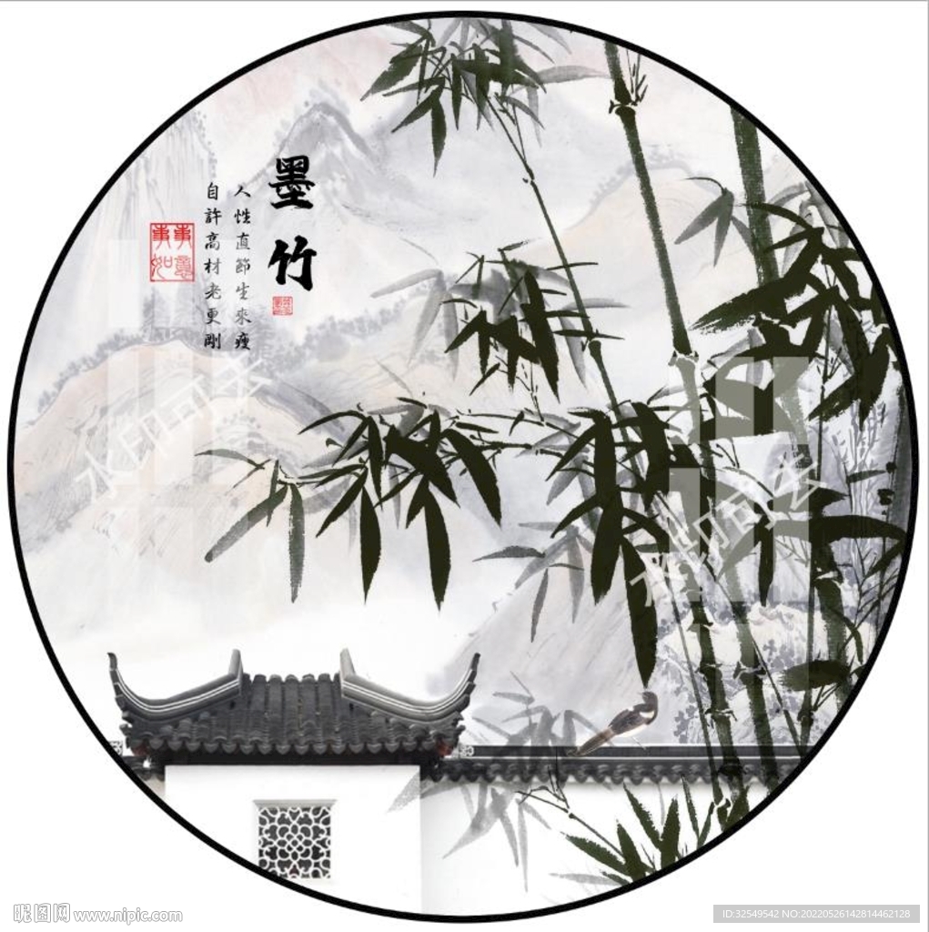 新中式水墨圆形山水画