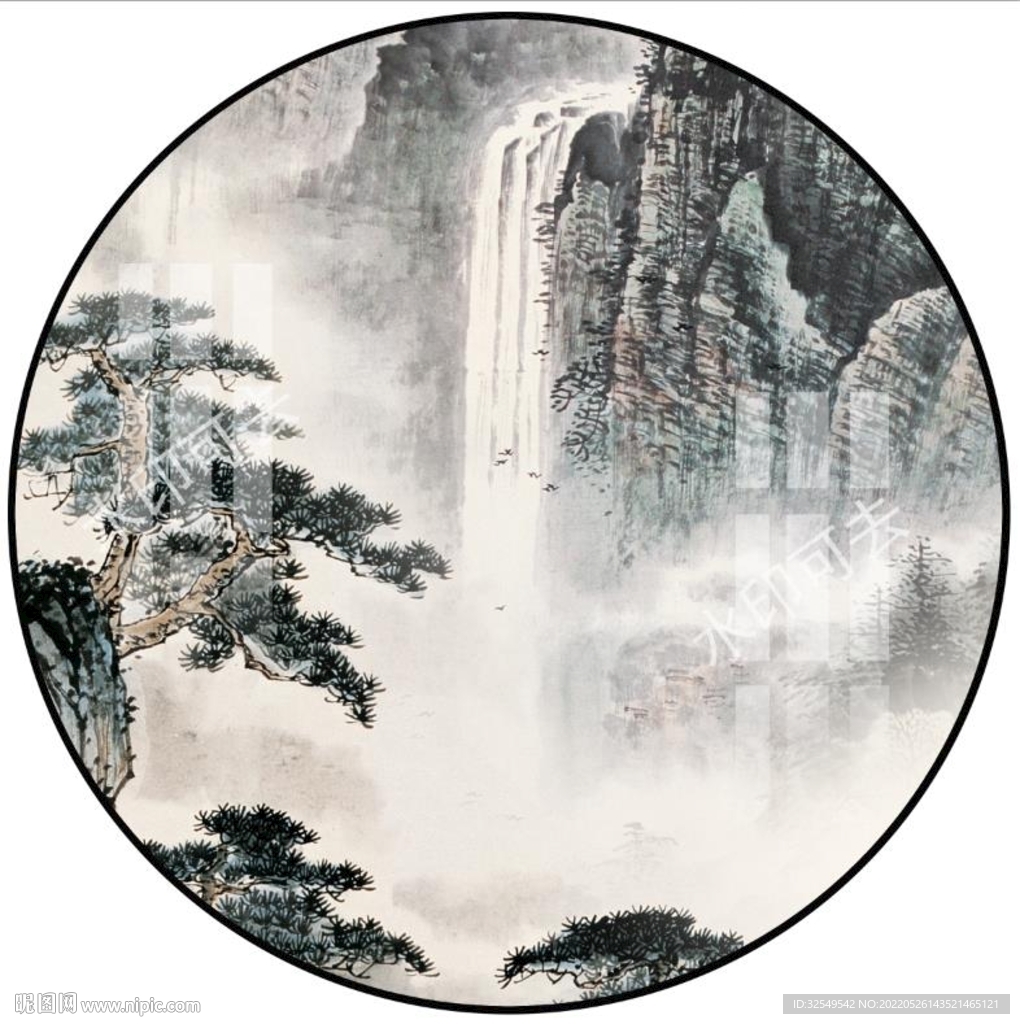 新中式水墨圆形山水画
