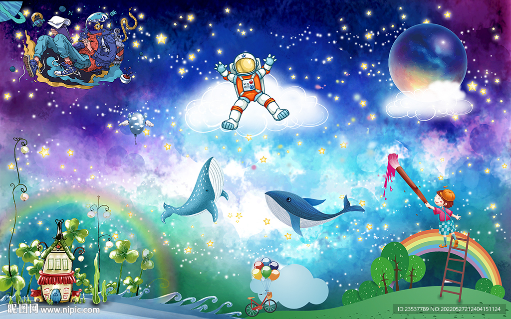 卡通鲸鱼宇航员儿童房背景墙