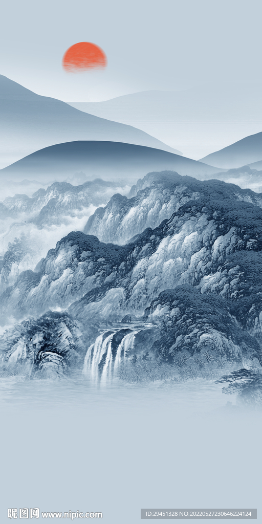 蓝色玄关装饰山水 TIF分层