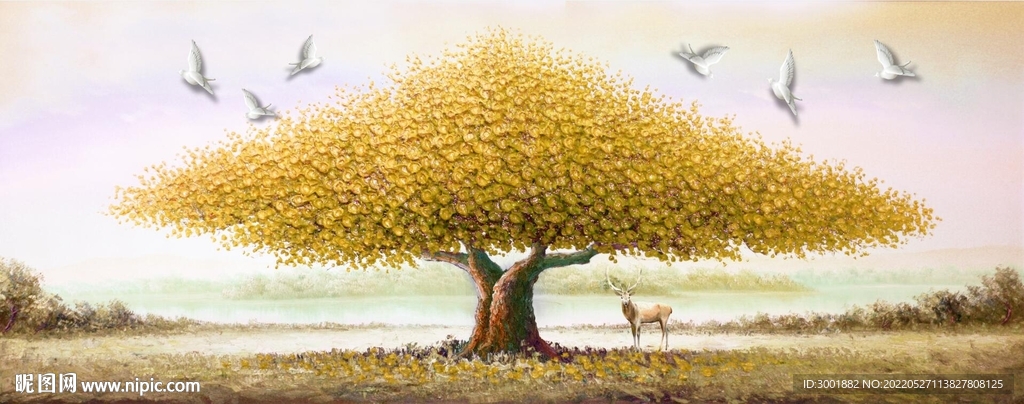 装饰画 新中式山水画 金色树
