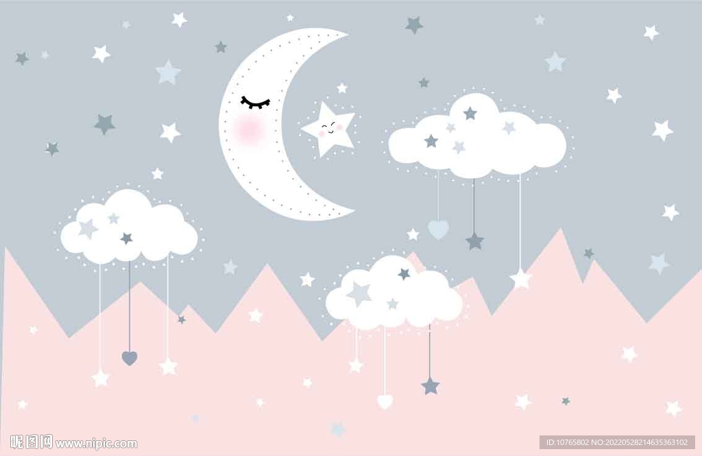 卡通云朵星星月亮儿童房背景壁画