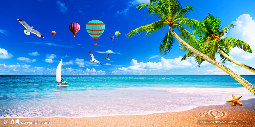 蓝天白云大海沙滩背景墙