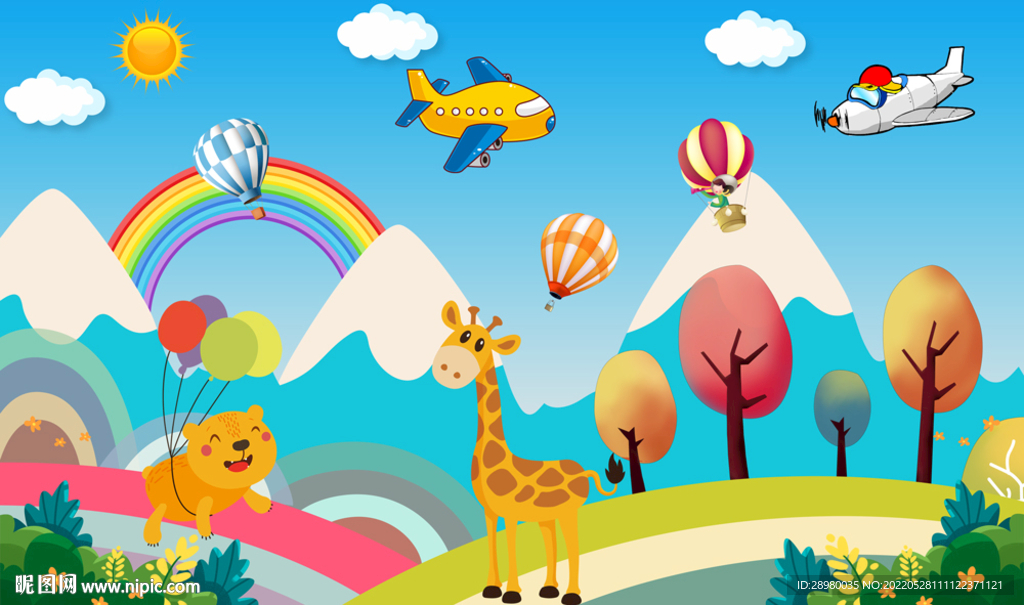 卡通动物儿童房背景墙