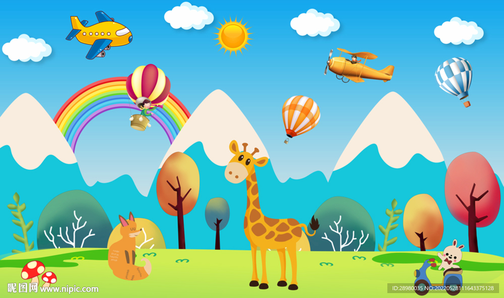 卡通树林动物儿童房背景墙