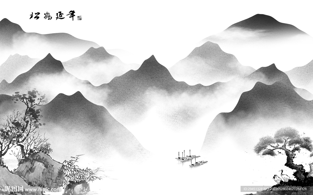 新中式高档灰色山水 Tif分层