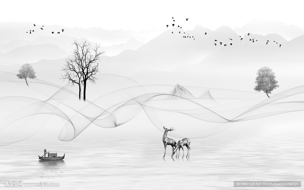 人气高档灰色山水 Tif分层