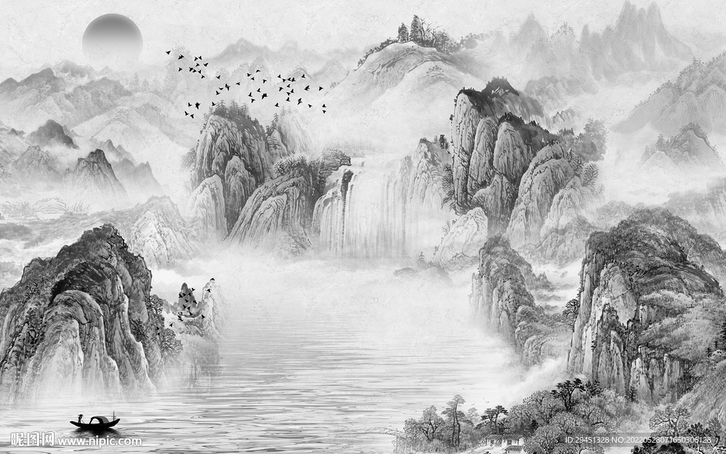 中国风高清灰色山水 TIf分层