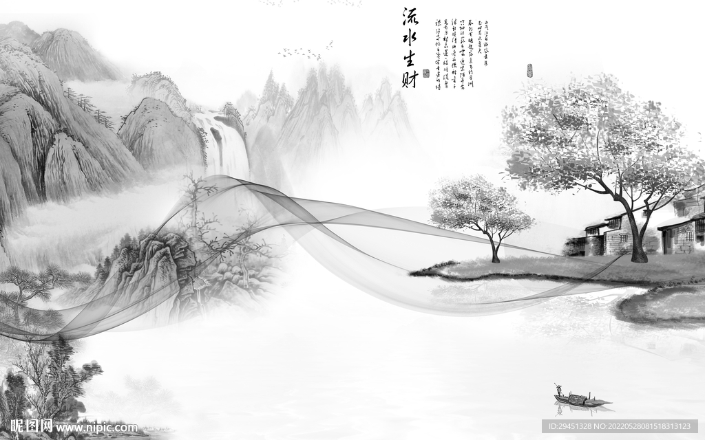 新中式灰色背景山水 TIf分层