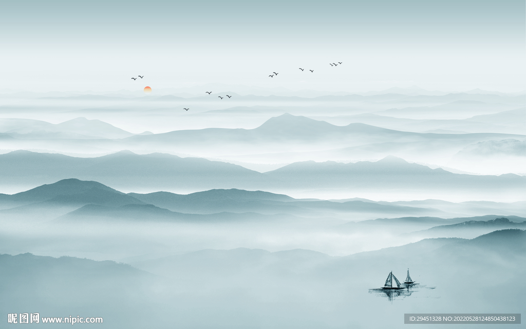 蓝色新高档山水画 Tif分层