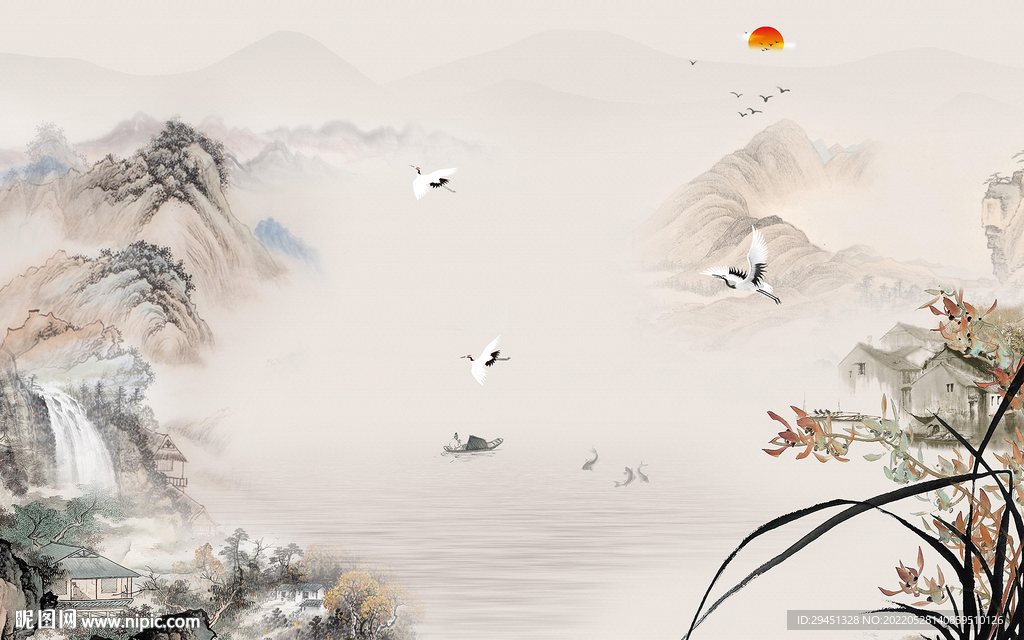 别墅意境客厅墙画 Tif分层