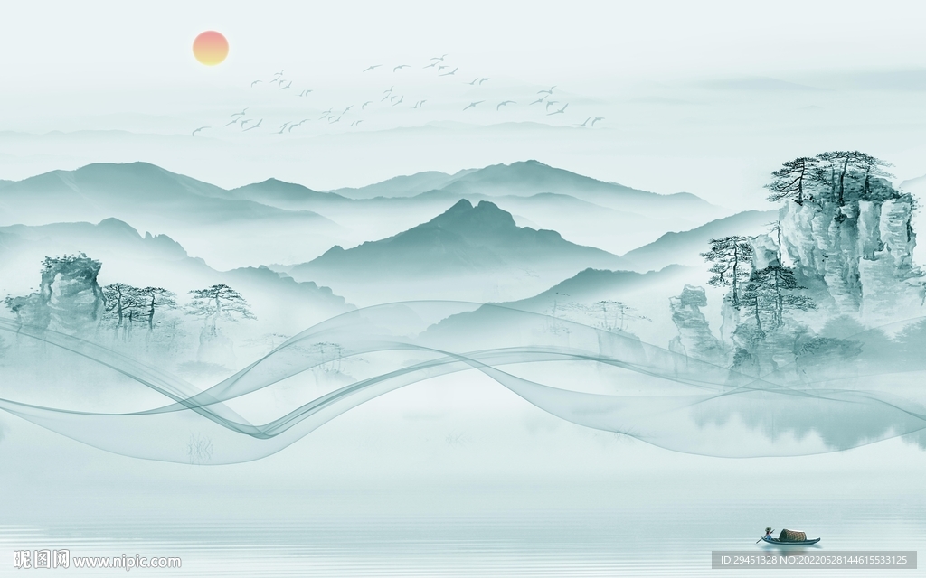 水墨新品山水墙画 TiF分层