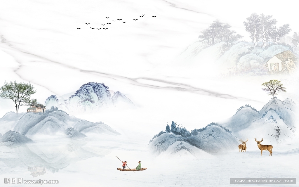 中国风新品山水墙画 TiF分层