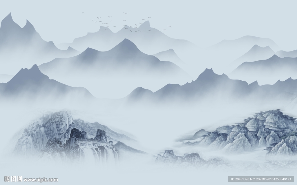 蓝色新品山水墙画 TiF分层