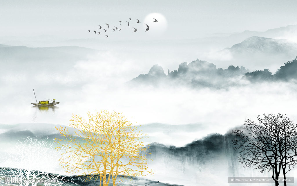 新款现代山水墙画 Tif分层