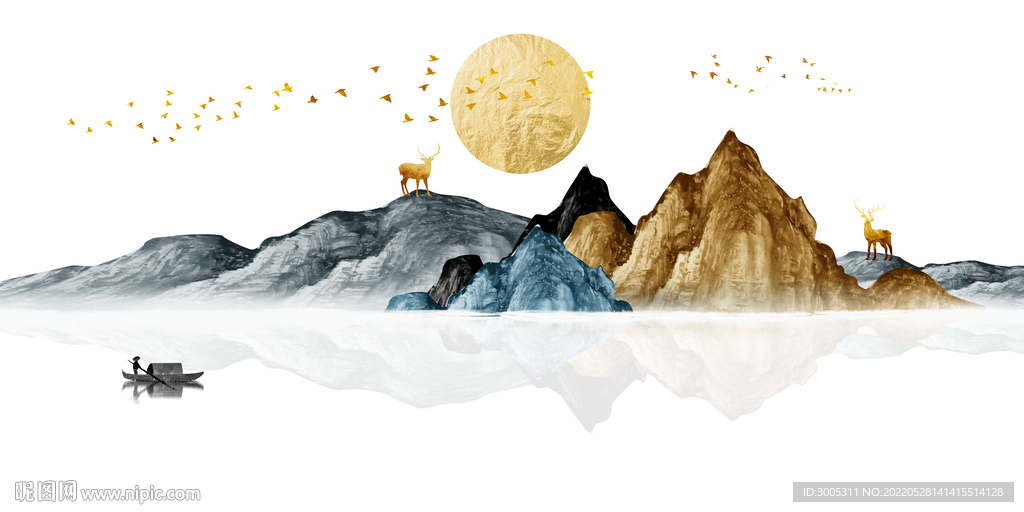 装饰画 新中式山水画 麋鹿
