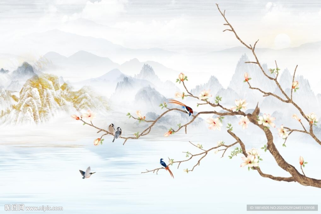 鸟语花香新中式简约电视背景墙