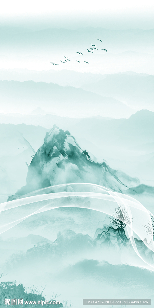 蓝色意境玄关山水 Tif分层