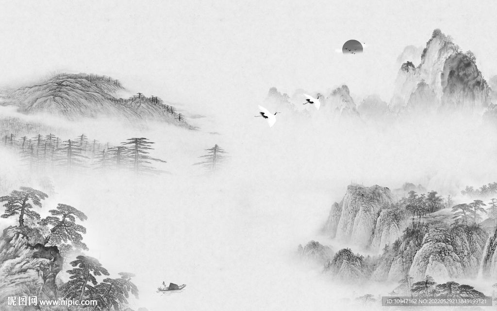 中国风墙画灰色山水 TiF分层