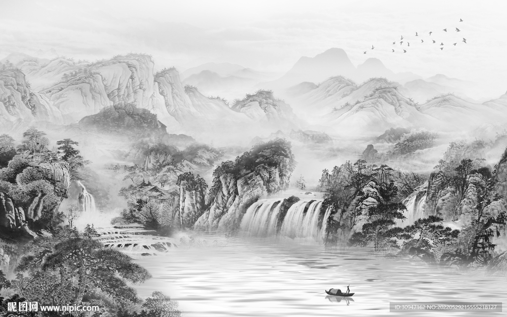 背景墙墙画灰色山水 TiF分层