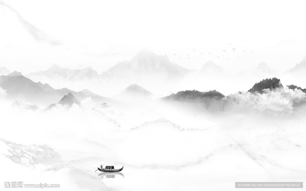 别墅墙画灰色山水 TiF分层