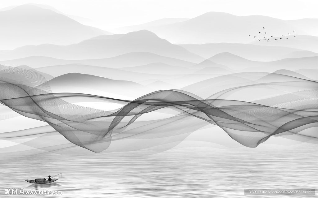 线条墙画灰色山水 TiF分层