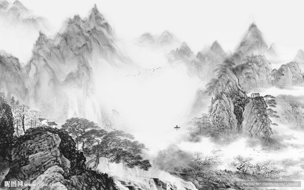 中式灰色客厅山水 Tif分层