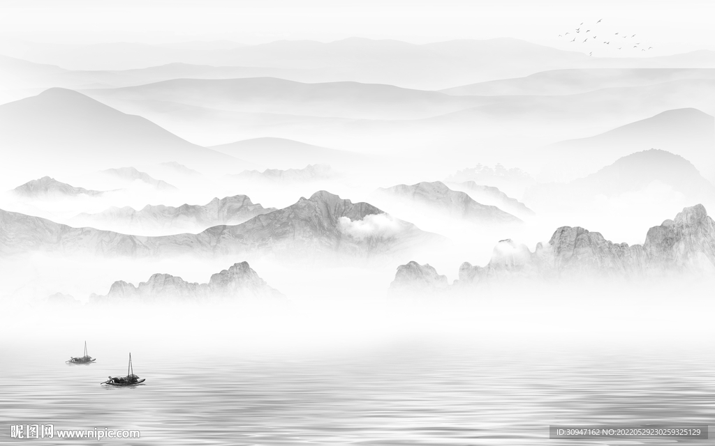 高档墙画灰色山水 TiF分层