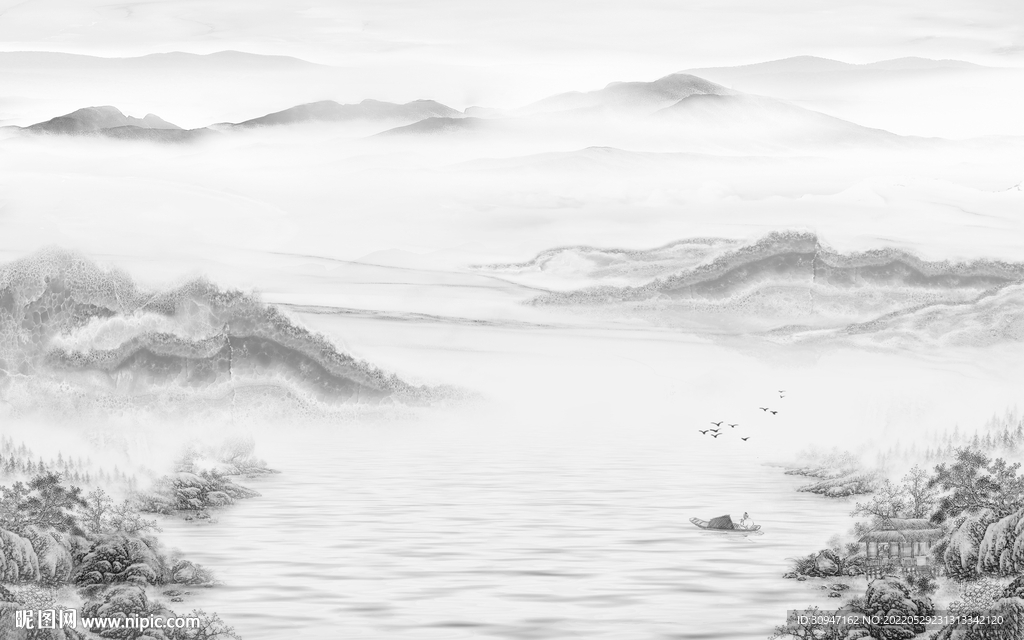 新中式新款灰色山水 Tif分层