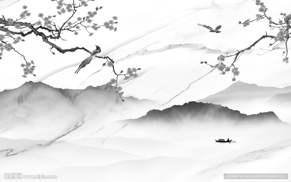 花鸟新款灰色山水 Tif分层