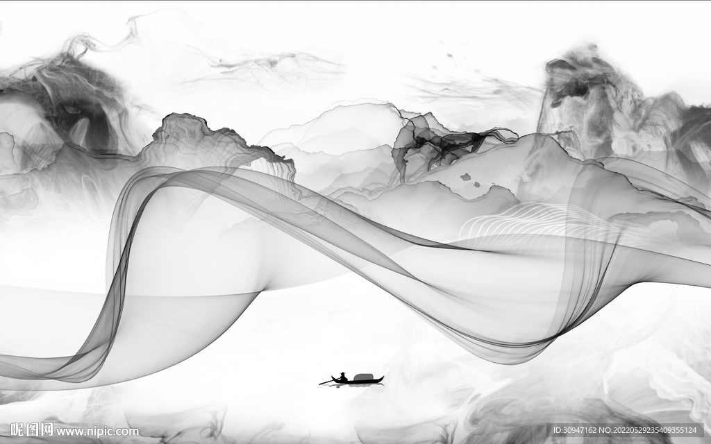 新中式灰色客厅山水 Tif分层