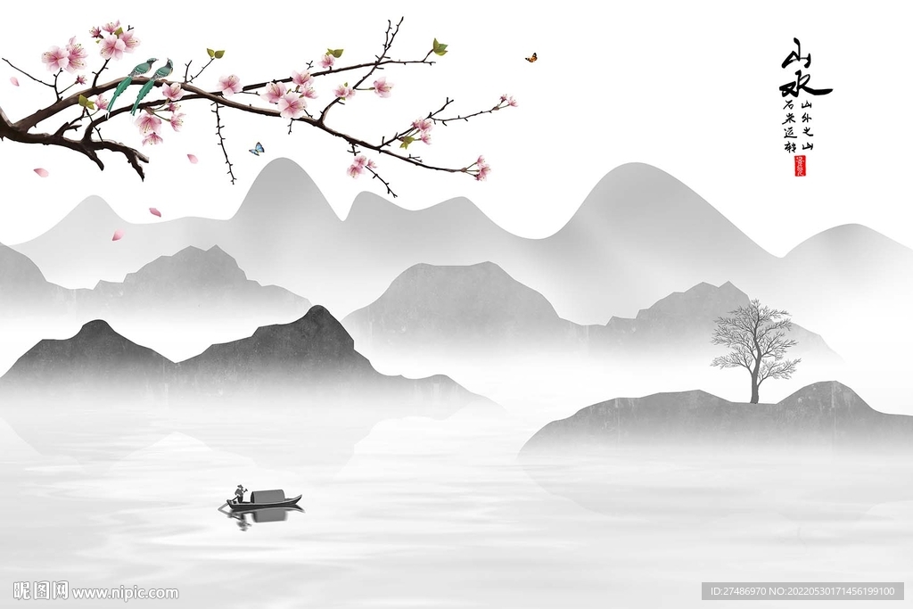 新中式黑白山水喜上眉梢背景墙