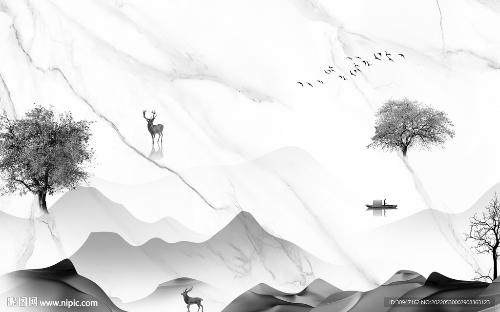 爵士白灰色画山水图 TiF分层