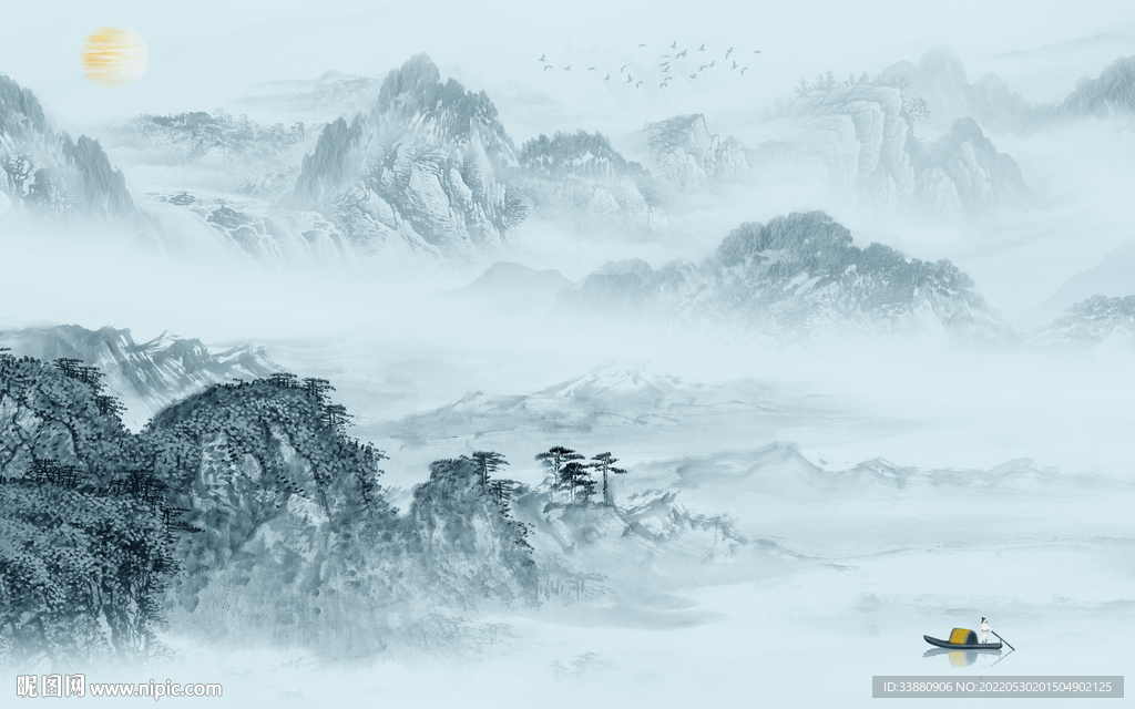 背景墙中式山水墙画 Tif分层