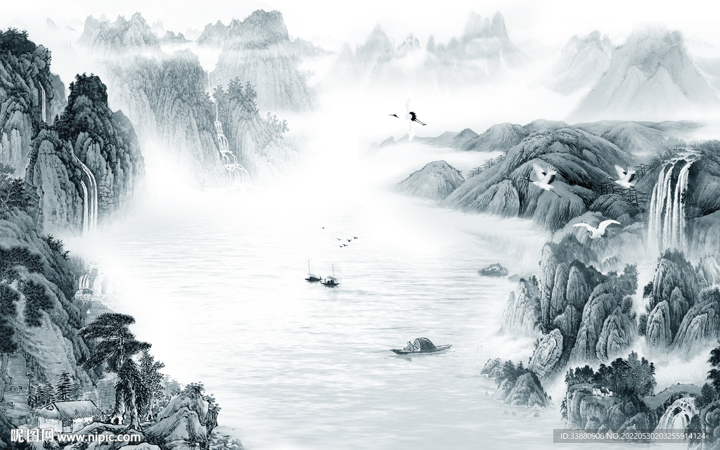 现代 中式山水墙画 Tif分层