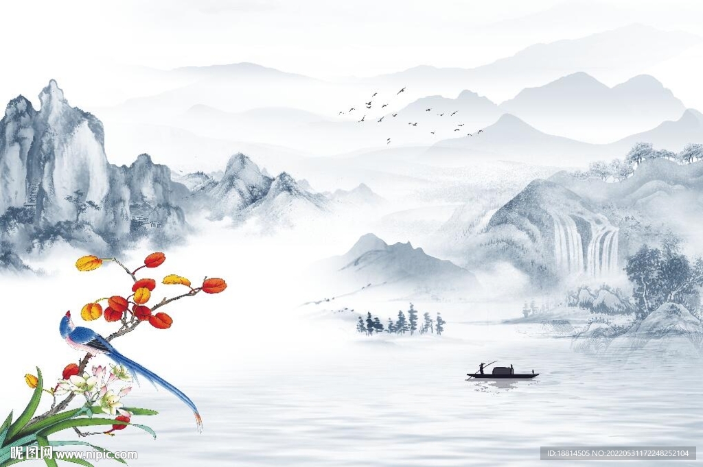 简约烟雨江南花鸟山水背景墙