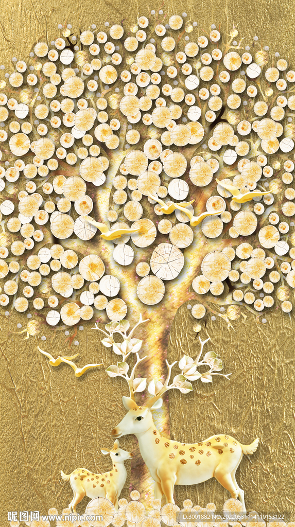 装饰画 金色树 麋鹿
