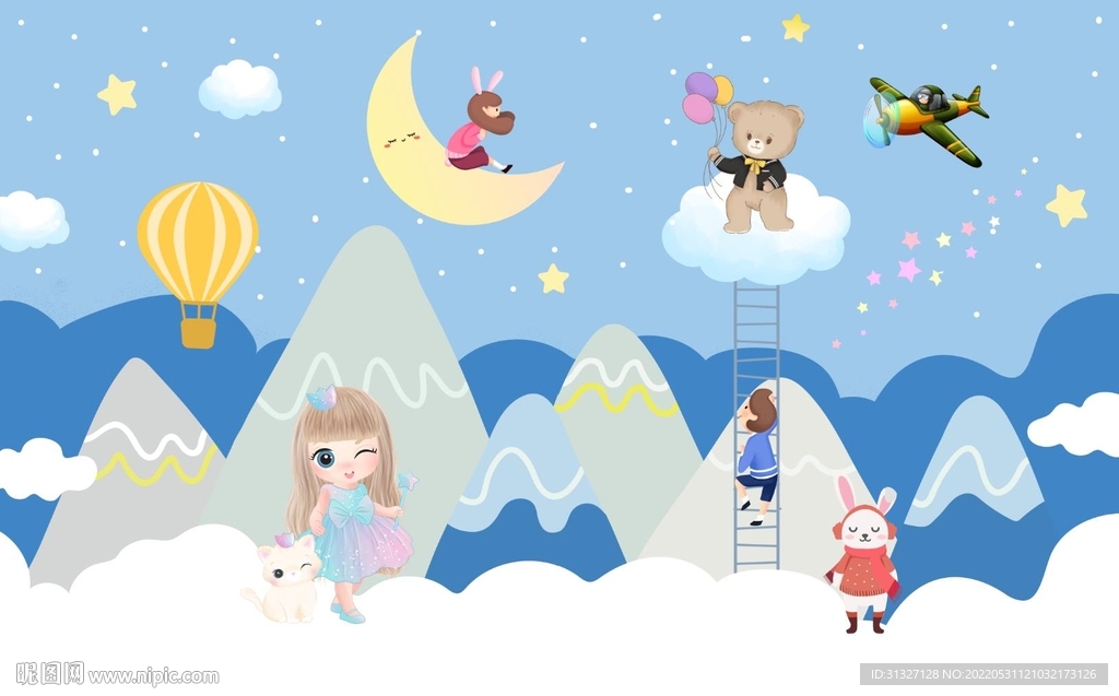 卡通手绘山峰儿童房背景墙