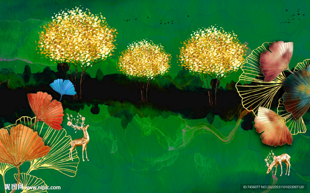 水彩树叶麋鹿发财树背景墙