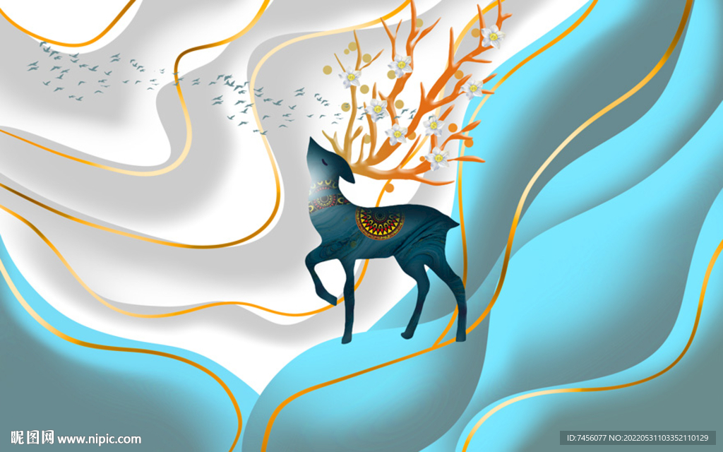 飞鸟麋鹿高清艺术背景墙