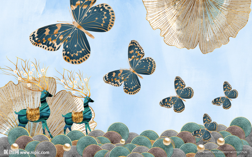 蝴蝶麋鹿水彩高清背景墙