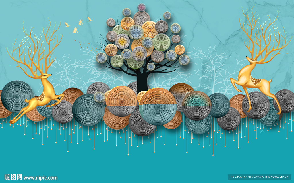 麋鹿大树高清艺术背景墙