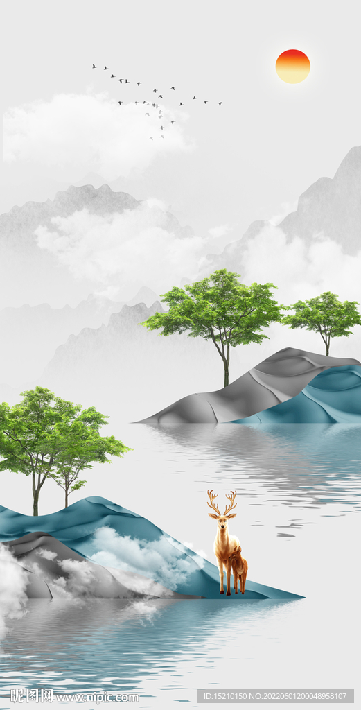 水墨山水抽象树玄关背景墙