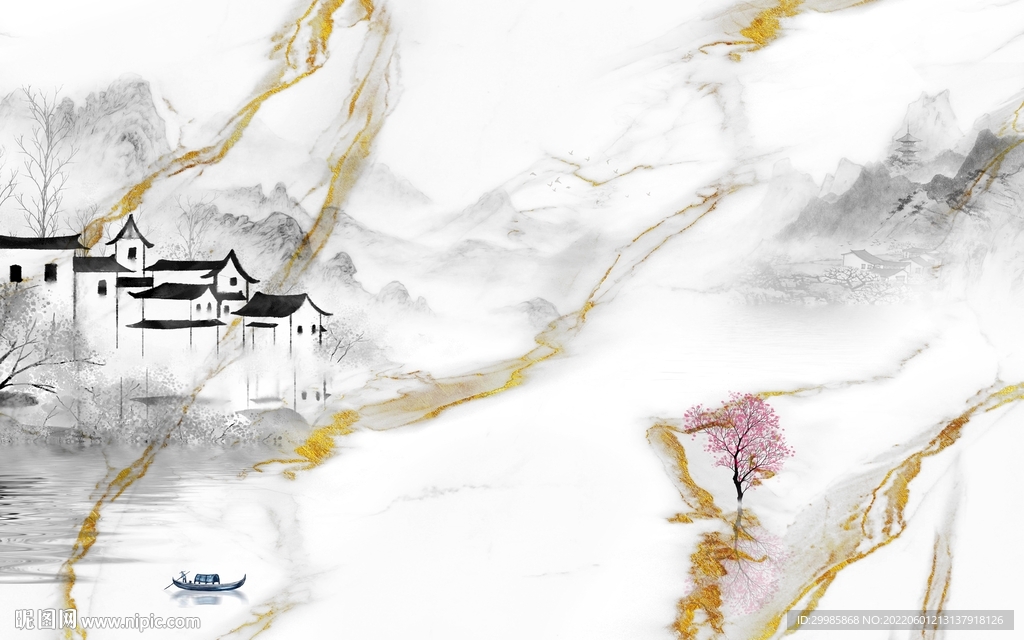 背景墙山水鱼肚白画 TIf合层