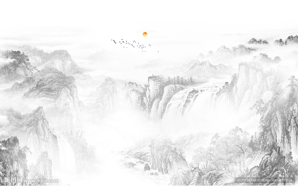 雅士白简约山水画背景墙